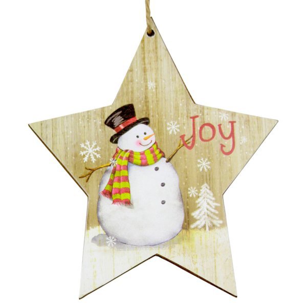Χριστουγεννιάτικο Κρεμαστό Ξύλινό Αστέρι, με Χιονάνθρωπο και "Joy" (12cm)